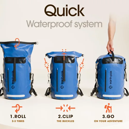 Miniatura 6 de Earth IPX8 Mochila impermeable de 35 L, con cierre enrollable resistente con bolsillo frontal con cierre de fácil acceso y panel trasero acolchado