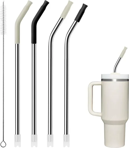Miniatura 10 de 4 popotes reutilizables de metal para vaso de 40 onzas, popote largo de acero inoxidable con puntas de silicona coloridas, popote para vasos de Negro