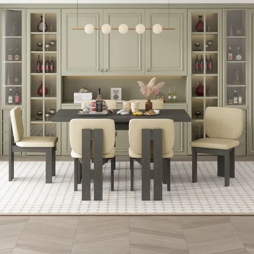 Miniatura 6 de Merax Juego de comedor retro de 7 piezas para 6, mesa rectangular de madera de goma con base de caballete diseñada y 6 sillas tapizadas para comedor