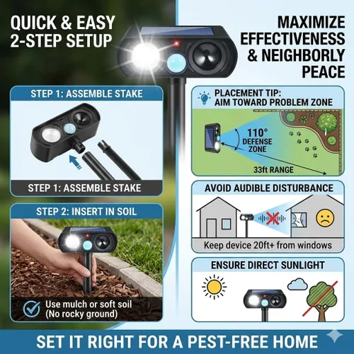 Miniatura 8 de Paquete de 4 repelentes de gatos Feral para exteriores, repelente de animales ultrasónico solar con detección de movimiento y luz de flash