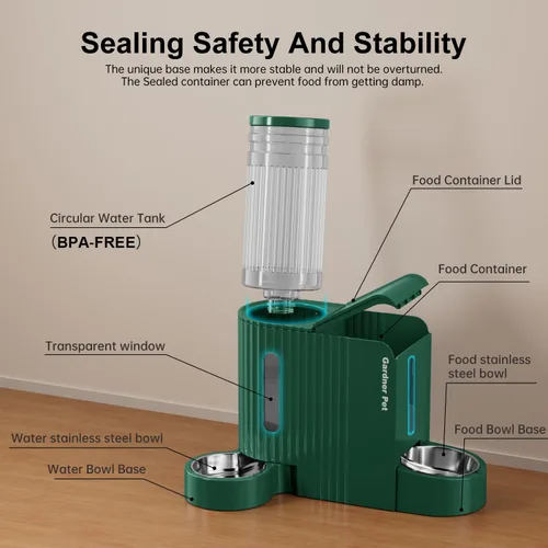 Miniatura 9 de Gardner Pet - Comedero automático para gatos por gravedad y dispensador de agua de acero inoxidable, juego dos en uno de gran capacidad para Verde