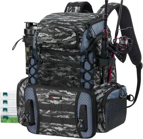 Piscifun Mochila de aparejos de pesca con soportes para caña y 4 cajas de aparejos, bolsa de pesca al aire libre de 42L con cubierta impermeable