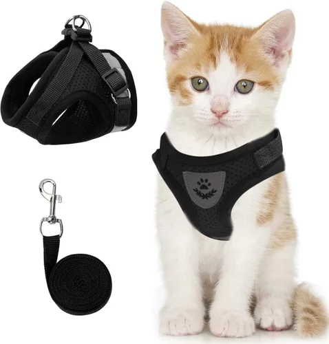 Arnés de chaleco para gatos y perros - Malla para todo clima, correa reflectante, tipo step-in ajustable para gatos y perros pequeños (negro, XS)