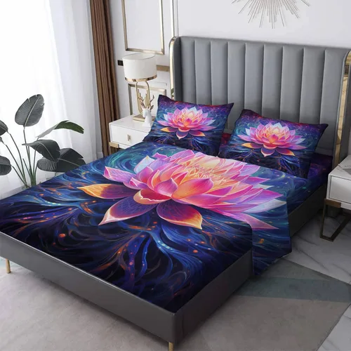 Miniatura 9 de Lotus Sábanas tamaño individual – Sábanas de cama de flor de loto, microfibra suave, bolsillo profundo, sábanas y fundas de almohada sin arrugas, 3