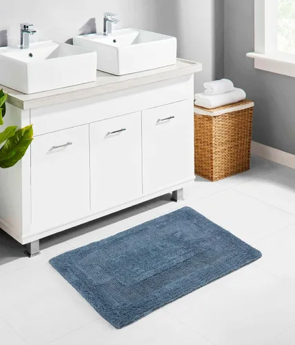 Miniatura 2 de COTTON CRAFT Lujosas alfombras de baño, juego de 2 alfombrillas reversibles y pesadas para suelo de baño, bañera y ducha, tapete de algodón puro