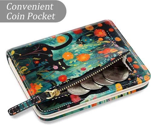 Miniatura 4 de Billetera de cuero genuino de lujo para mujer con bloqueo RFID, compacta, plegable, con ventana para identificación, Gato negro, Moderno