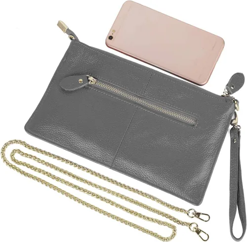 Miniatura 7 de YALUXE Clutch Wristlet - Cartera de piel auténtica con bloqueo RFID y cadena de hombro