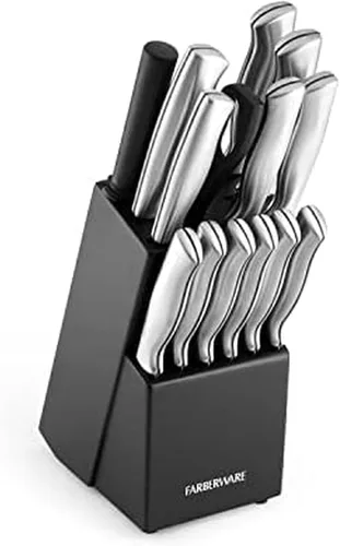 Farberware - Juego de 15 cuchillos de cocina con cuchillas de acero inoxidable de alto carbono, mangos negros, cuchillos para bistec, bloque de