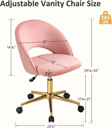 Miniatura 2 de Furniliving Silla de Tocador Rosa, Bonitas Sillas de Escritorio para Niñas con Respaldo, Silla de Acento Tapizada con Ruedas para Sala de Terciopelo