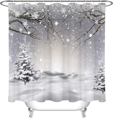 Miniatura 8 de LB Cortina de ducha de invierno con copos de nieve, cubierta de pino, rama de árbol de nieve, cortina de baño con ganchos, 57 x 72 pulgadas, tela