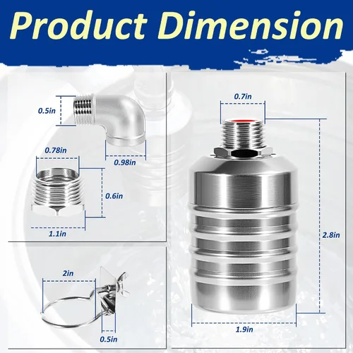 Miniatura 7 de 2PCS Water Float Valve, 1/2" to 3/4'' Water Level Control Float Valve, 304 Stainless Steel Automatic Water Shut off Valve, with Straight & Elbow