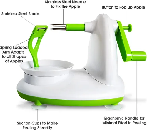 Miniatura 2 de Pelador y descorazonador de manzana mejorado para manzana, pera y cítricos, dispositivo de cocina giratorio manual, incluye 2 cabezales de repuesto