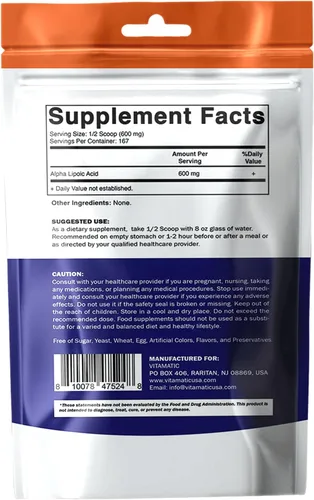 Miniatura 8 de Vitamatic Ácido alfa lipoico puro (ALA) 600 mg por porción, 167 porciones, sin OMG y sin gluten