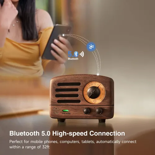 Miniatura 6 de Muzen Altavoz Bluetooth portátil, OTR Madera Vintage Pequeño Altavoz Inalámbrico, Radio FM con Antena AUX, 10h+ Tiempo de reproducción largo, Audio