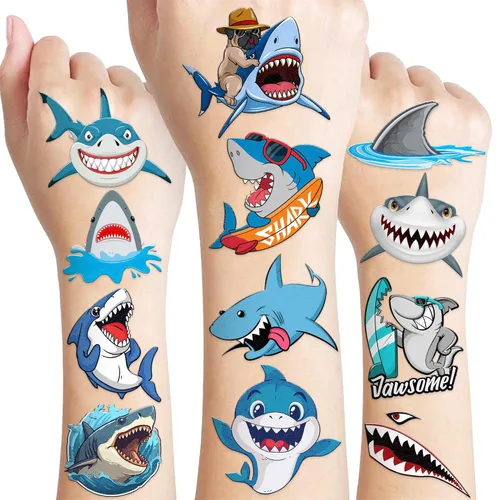 96 calcomanías temporales precortadas de tiburón, animales marinos, peces bajo el mar, océano, decoración de fiesta de cumpleaños, suministros de