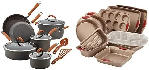 Rachael Ray Cucina 52410 - Juego de utensilios de cocina antiadherentes de aluminio anodizado duro, 12 piezas, color gris, mango rojo arándano con