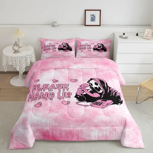 Miniatura 45 de Feelyou Juego de edredón de Halloween, color rosa fantasma, juego de ropa de cama tamaño individual, decoración para niños y niñas, lindo juego