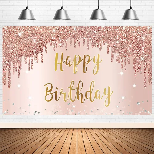 Cartel de feliz cumpleaños de oro rosa y decoraciones de fondo para niñas y mujeres, suministros de letrero de fiesta temática rosa, gran póster de