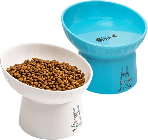 Platos elevados de cerámica para gatos de 6.5 pulgadas extra anchos, cuenco de comida y agua para gatos inclinado y elevado de porcelana, platos de
