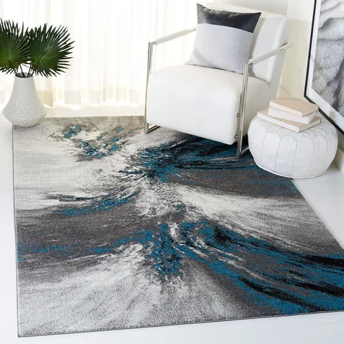 SAFAVIEH Glacier Collection GLA127M - Alfombra moderna abstracta que no desprende pelusa, para sala de estar o dormitorio, 4 x 6 pies, azul/gris