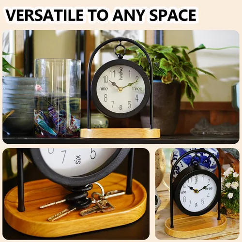 Miniatura 5 de Reloj de escritorio de metal negro con base de madera, reloj de mesa decorativo para sala de estar, relojes de repisa silenciosos, decoración