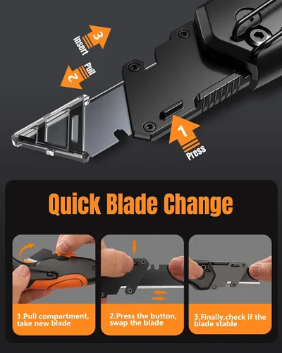 Miniatura 7 de Cuchillo utilitario plegable de 4 en 1, cuchillo de corte de caja multiherramienta con clip de cinturón, cuchillo de afeitar de cambio rápido