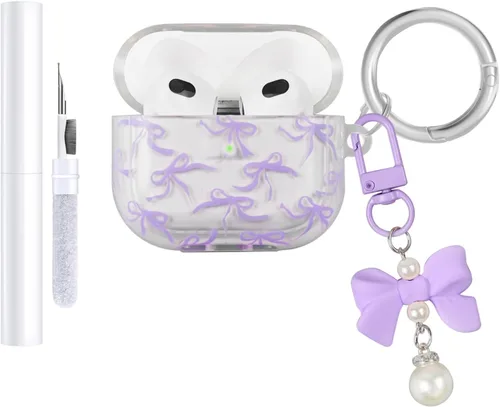 Miniatura 9 de Funda compatible con AirPods 3 2021, TPU suave con bonito patrón de flores para AirPods de 3ª generación con llavero de flores y mosquetón para Negro