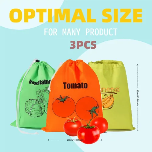 Miniatura 2 de Bolsas pequeñas de malla con cordón, paquete de 3 + 5 películas adicionales, almacenamiento lavable y reutilizable para refrigerador, mantiene