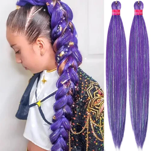 Miniatura 25 de Cabello trenzado verde con lentejuelas de 26 pulgadas, preestirado, trenzas de textura Yaki, extensiones de cabello pre plumadas, 3 paquetes, fácil