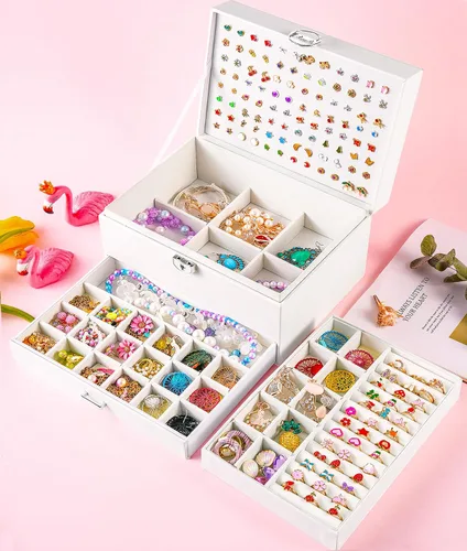 Miniatura 3 de Joyero de pendientes para mujeres y niñas, organizador de aretes de 5 capas, caja organizadora de joyas blanca con candado, collares y aretes