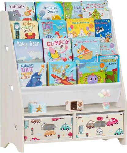 Lerliuo Estantería infantil de 5 niveles, estante beige para libros con 2 cajones, estantería de madera para bebés y niños, estantes de exhibición,