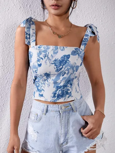 Miniatura 3 de WDIRARA Blusa corta sin mangas con estampado floral y cuello cuadrado para mujer