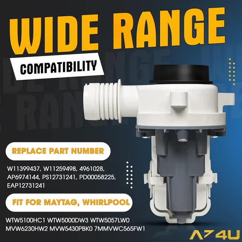 Miniatura 3 de AZ4U Actualización WTW5057LW0 WTW5010LW0 WTW5000DW3 WTW5105HW2 WTW5100HW1 Bomba de drenaje para lavadora Whirlpool, W11399437 W11259498 B25-3A04