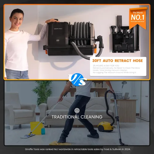 Miniatura 2 de Giraffe Tools Grandstorm - Aspiradora en seco y húmedo con 6 boquillas, manguera retráctil de 30 pies, aspiradora montada en la pared para detalles