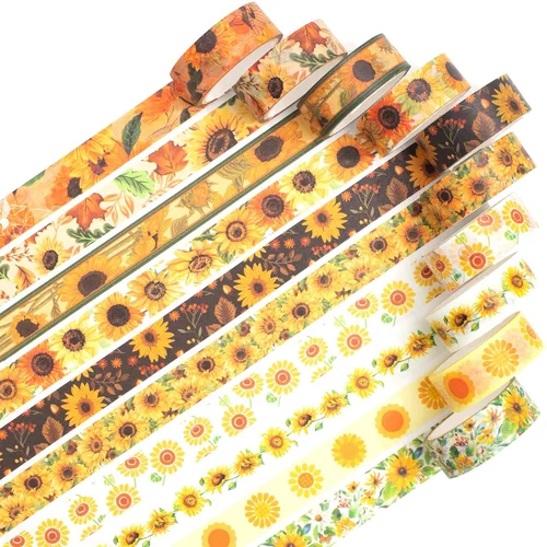 Miniatura 2 de Juego de 10 rollos de cinta washi de girasol, estampado floral, cintas decorativas para manualidades, diarios, planificadores, álbumes de recortes