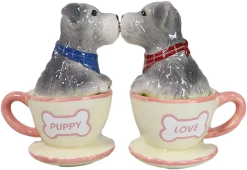 Ebros - Juego de salero y pimentero de cerámica gris Schnauzer en miniatura, juego de salero y pimentero, figuras de San Valentín, fiestas, cocina,