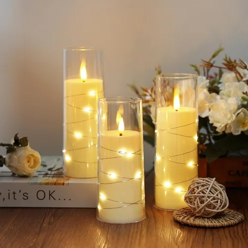 Miniatura 5 de Velas sin llama, con cadena de estrellas incorporada, velas operadas por baterías, velas LED parpadeantes, velas de pilar con control remoto