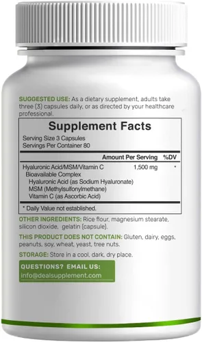 Miniatura 7 de DEAL SUPPLEMENT Complejo de ácido hialurónico 1,500 mg - 240 cápsulas, con MSM y vitamina C