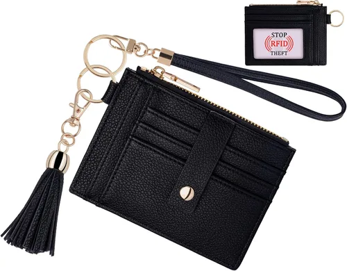 Miniatura 7 de Estuche Delgado para Tarjetas RFID para Mujer con Correa de Muñeca, Cartera con Cremallera para ID, Cartera de Cuero Pequeña, Monedero con Llavero