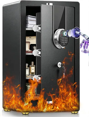 Miniatura 10 de Pequeña caja de seguridad biométrica inteligente para el hogar, mini caja fuerte para el hogar con alertas dobles antirrobo, modo silencioso
