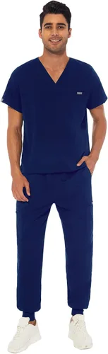 VIAOLI Conjunto de uniforme médico atlético para hombre, cuello en V y pantalones de yoga con 8 bolsillos, uniforme de trabajo de enfermería médica