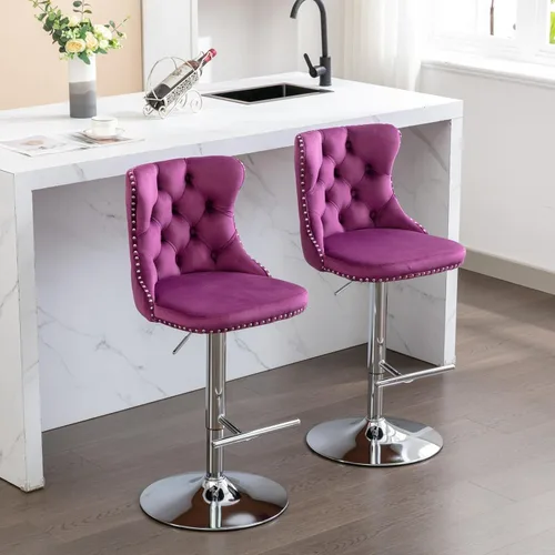 Miniatura 33 de Aoowow Juego de 2 taburetes de bar giratorios, taburetes de bar ajustables con respaldo de terciopelo copetudo, sillas de bar modernas tapizadas