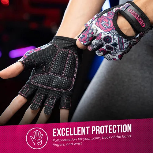 Miniatura 5 de Contraband Pink Label 5237 - Guantes de entrenamiento de diseñador para mujer, estampado de calavera de azúcar y acolchado Grip-Lock™ (rosa, XS)