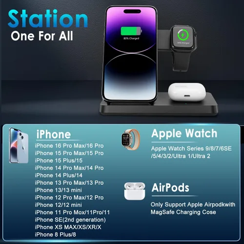 Miniatura 3 de Estación de carga 3 en 1 para múltiples dispositivos, cargador inalámbrico para iPhone serie 8-16 y Apple Watch, estación de carga inalámbrica