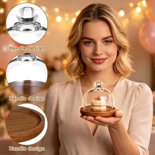 Miniatura 6 de Yardwe Paquete de 2 mini cúpula de postre de cristal con base de madera, soporte para pasteles de 3.4 pulgadas con cubierta de vidrio transparente