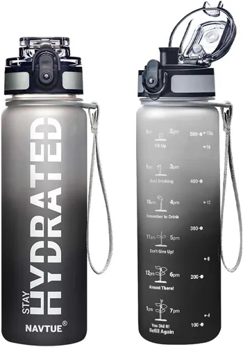 Miniatura 13 de Botella de agua, botellas de agua deportivas de 16 onzas con marcador de tiempo, boca ancha, botella de bebida motivacional y a prueba de fugas