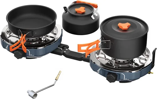 Cofiyard Kit de estufa de propano de 2 quemadores para acampar con utensilios de cocina, estufa de gas propano plegable al aire libre, estufa