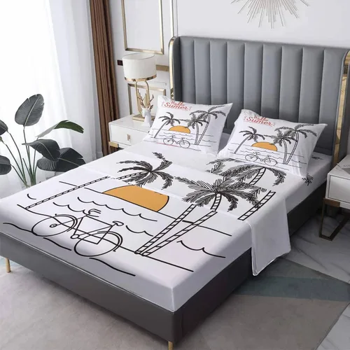 Juego de sábanas de 3 piezas con estampado de palmeras oceánicas y fundas de almohada, tamaño individual, sábana bajera ajustable de microfibra