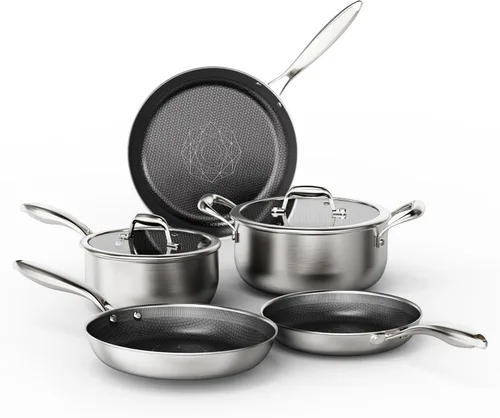 COOKER KING Juego de utensilios de cocina de acero inoxidable, juego de ollas y sartenes antiadherentes, utensilios de cocina de cerámica híbrida,
