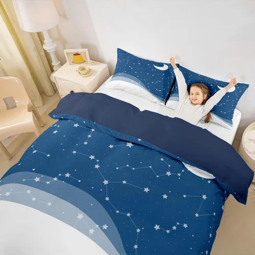 Miniatura 8 de Juego de funda de edredón con estrellas con purpurina y galaxia psicodélica, color azul marino y morado, tamaño individual, juego de ropa de cama